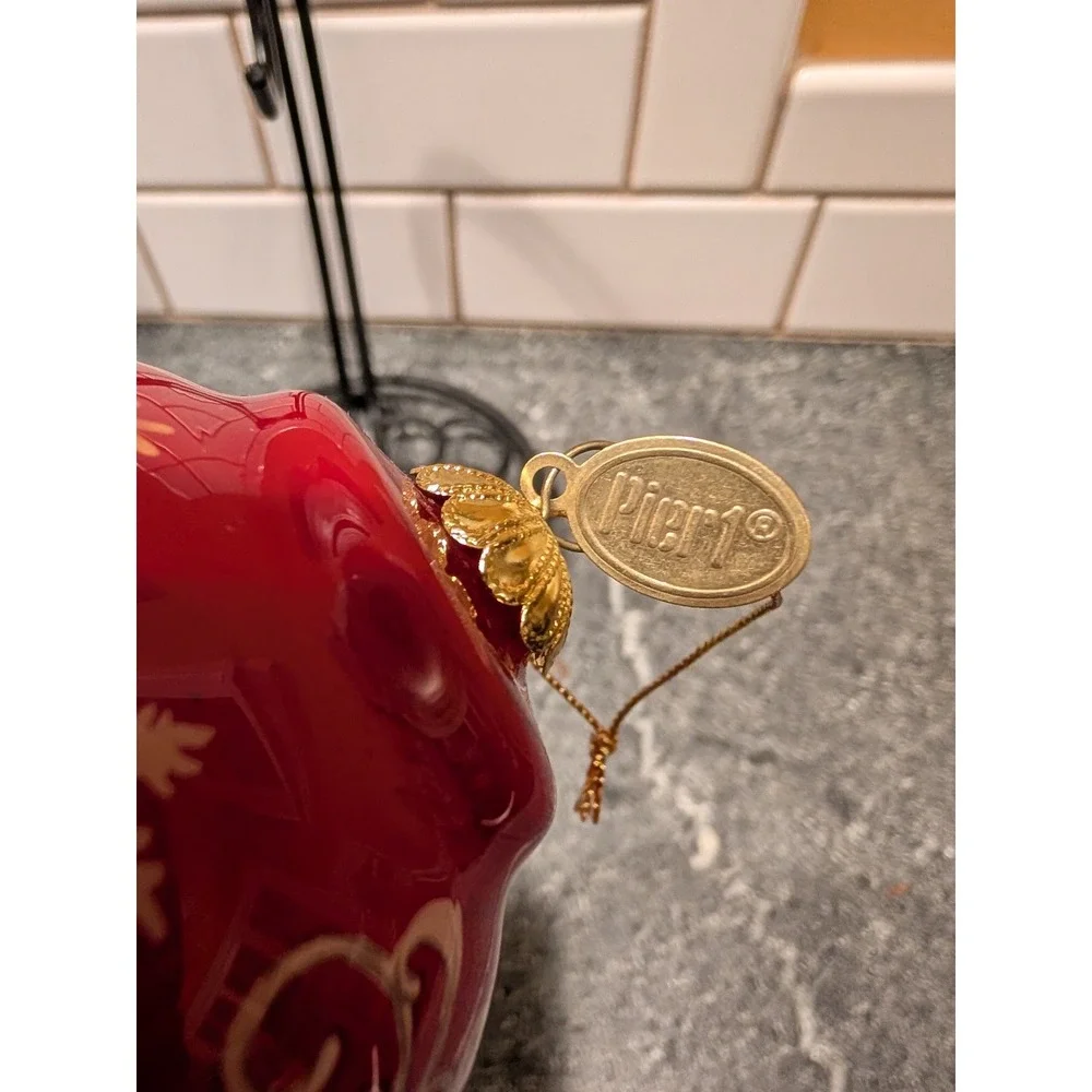 Pier 1 Red Reindeer Seasons Greetings 2014 Christmas Ornament Glass
